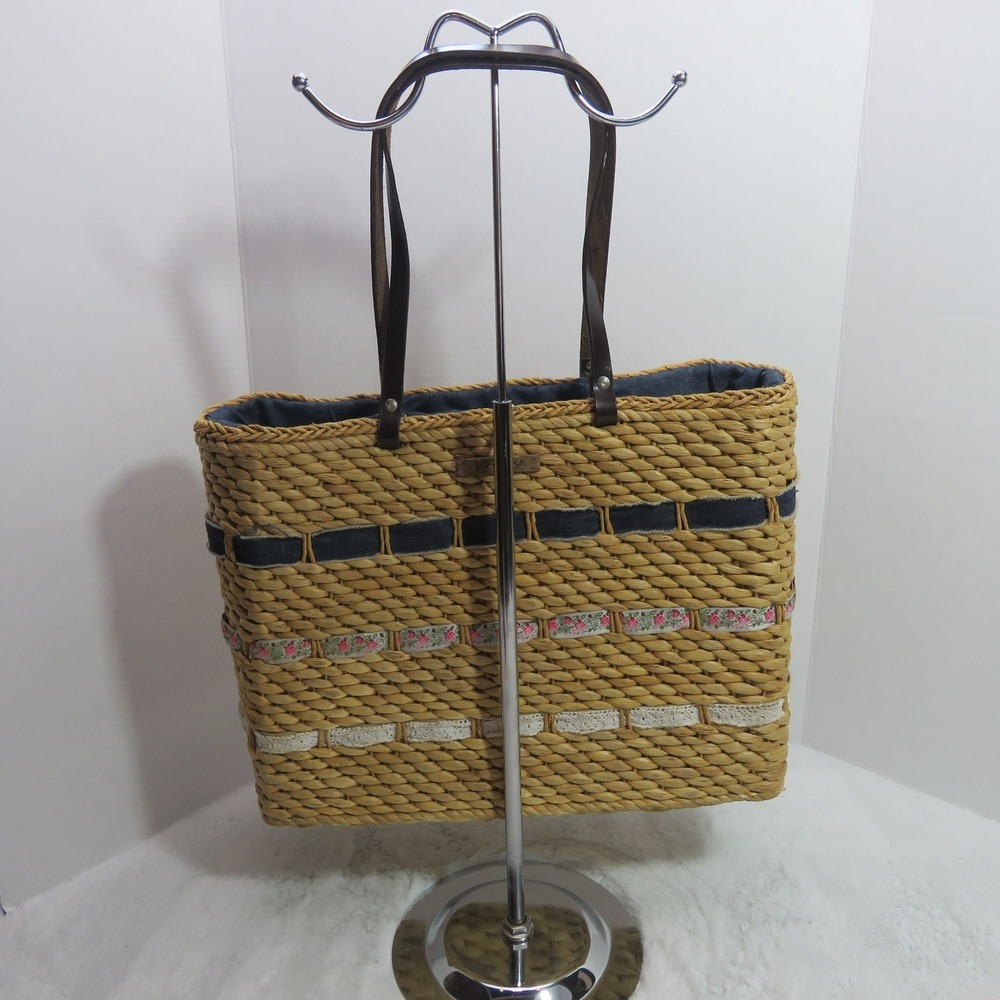 Roxy Straw Tweed Braided Beach Tote Bag Summer Handbag Cottage Core Beach Cruise - Picture 4 of 8